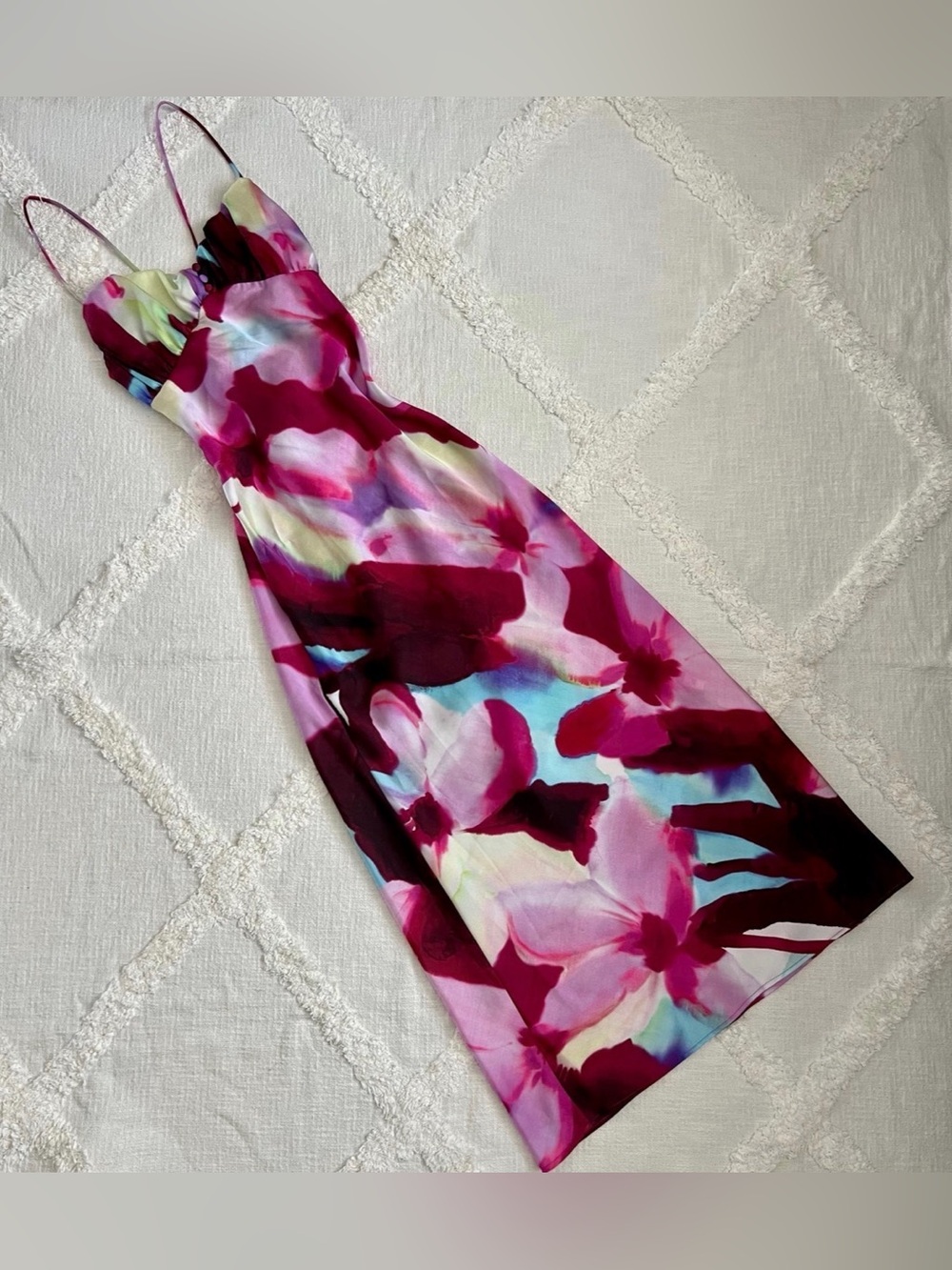 Floral Watercolor Spaghetti-Strap Maxi Dress in Fuchsia